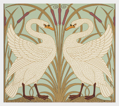 Twin Swans in Mint-Square by Arts and Crafts Artist Walter Crane Counted Cross Stitch Pattern