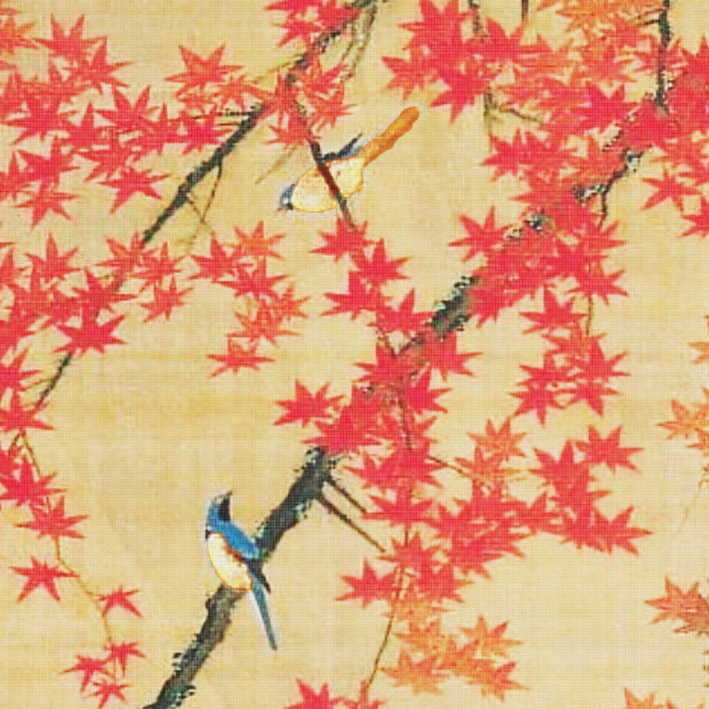 Blue Bird on Maples Detail by Japanese Artist Ito Jakuchu Counted Cross Stitch Pattern