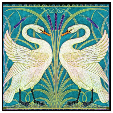 Twin Swans in Teal by Arts and Crafts Artist Walter Crane Counted Cross Stitch Pattern