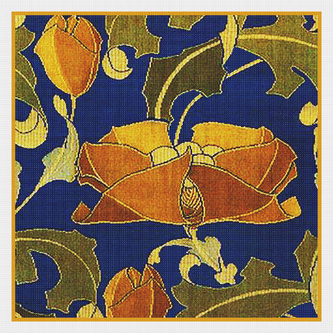 Charles Francis Annesley Voysey's Poppy Flowers Dark Blue Background Counted Cross Stitch Pattern