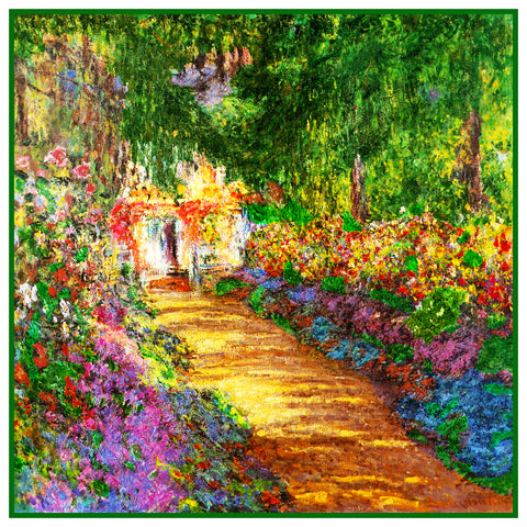 The Garden in Flower in Giverny inspired by Claude Monet's impressionist painting Counted Cross Stitch Pattern