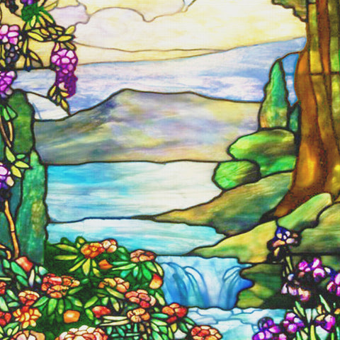 Louis Comfort Tiffany Waterfall Landscape Square Design Counted Cross Stitch Pattern