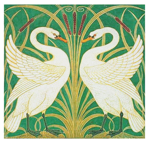 Twin Swans in Green-Square by Arts and Crafts Artist Walter Crane Counted Cross Stitch Pattern