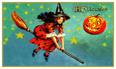 Halloween Witch on a Broom with Pumpkin Counted Cross Stitch Pattern