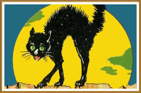 Vintage Halloween Black Cat Full Moon Counted Cross Stitch Pattern