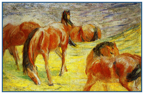 Sketch of Grazing Horses by Expressionist Artist Franz Marc Counted Cross Stitch Pattern