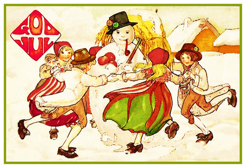 Scandinavian Christmas God Jul Snowman Children Dancing Holiday Christmas Counted Cross Stitch Pattern