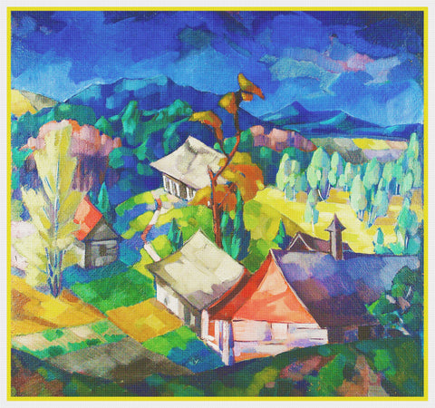 Cottages By The Lake Landscape Artist Konrad Magi Counted Cross Stitch Pattern