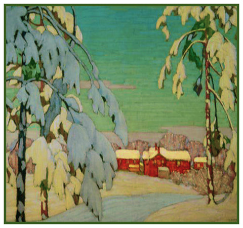 Pink House Winter Landscape by Canadian Lawren Harris Counted Cross Stitch Pattern