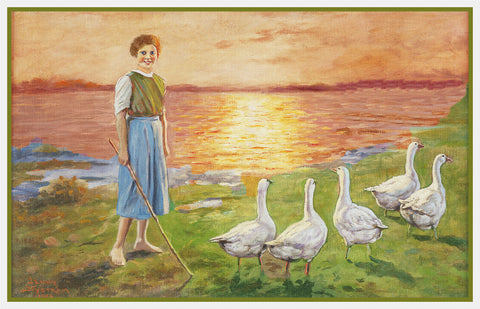 Young Girl With Geese at Sunset by Swedish Artist Jenny Nystrom Counted Cross Stitch Pattern