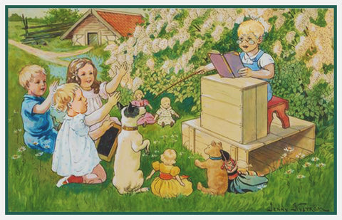 Children Playing School by Swedish Artist Jenny Nystrom Counted Cross Stitch Pattern