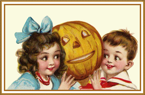 Vintage Halloween Boy and Girl and a Pumpkin by Frances Brundage Counted Cross Stitch Pattern