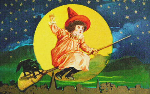 Halloween Vintage Girl Witch Riding Broom Full Moon Counted Cross Stitch Pattern