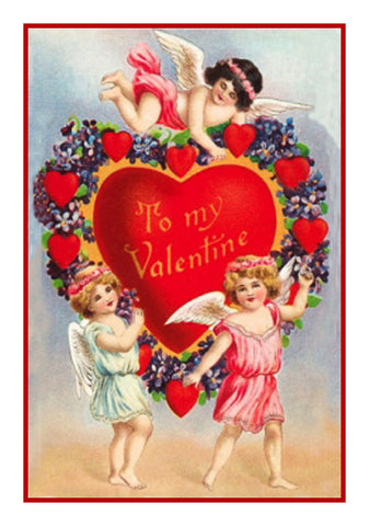 Victorian 3 Cupids with Heart and Flowers from Antique Card Counted Cross Stitch Pattern