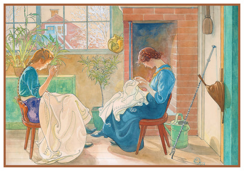 Two Girls Sewing in the Garden by Swedish Artist Carl Larsson Counted Cross Stitch Pattern