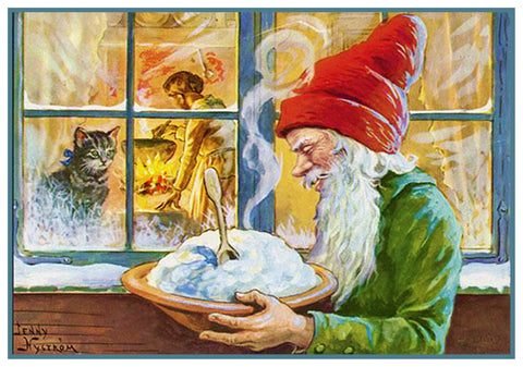 Elf Bringing Pie Cat in Window by Jenny Nystrom Counted Cross Stitch Pattern
