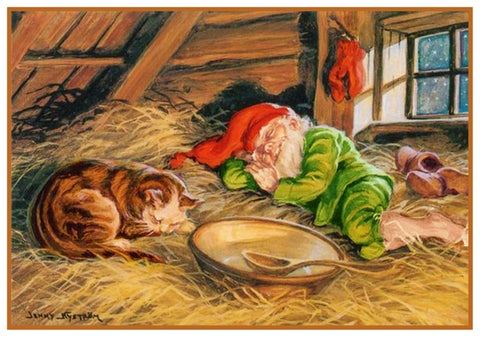 Tomte Elf Naps with Kitty Cat by Swedish Artist Jenny Nystrom Counted Cross Stitch Pattern