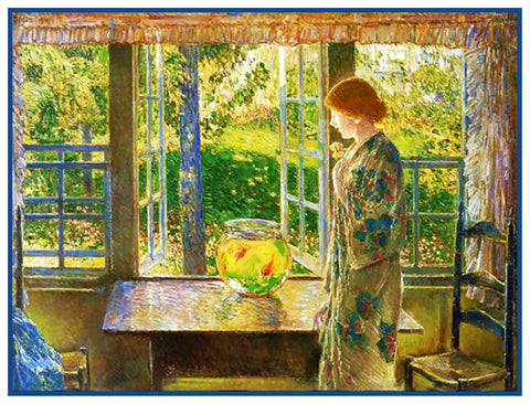 Woman looking The Goldfish Window by American Impressionist Painter Childe Hassam Counted Cross Stitch Pattern