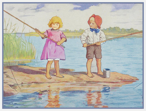 Young Boy and Girl Fishing by Swedish Artist Jenny Nystrom Counted Cross Stitch Pattern