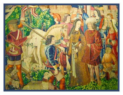 The Unicorn Killed Brought to Castle Detail from The Hunt for the Unicorn Tapestries Counted Cross Stitch Pattern
