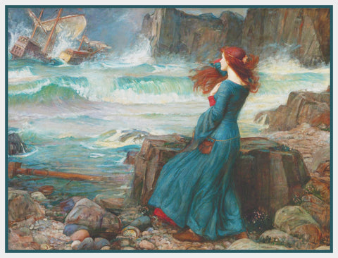 Miranda Gazing at the Sea inspired by John William Waterhouse Counted Cross Stitch Pattern DIGITAL DOWNLOAD