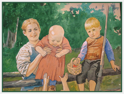 Mother and Kids On Farm by Swedish Artist Jenny Nystrom Counted Cross Stitch Pattern