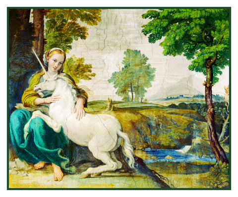 The Virgin and The Unicorn By Renaissance Painter Domenico Zampieri Counted Cross Stitch Pattern