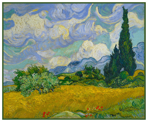 Wheat Field with Cypress Trees inspired by Impressionist Vincent Van Gogh's Painting Counted Cross Stitch Pattern DIGITAL DOWNLOAD