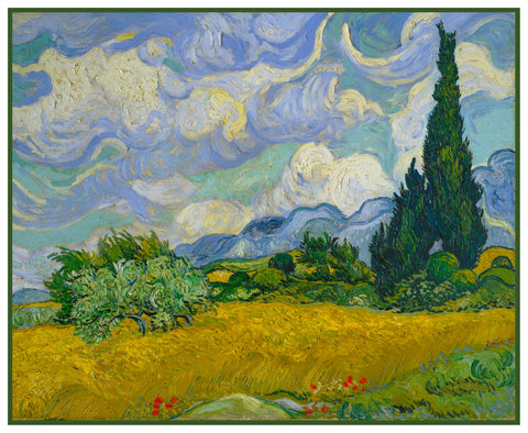 Wheat Field with Cypress Trees inspired by Impressionist Vincent Van Gogh's Painting Counted Cross Stitch Pattern