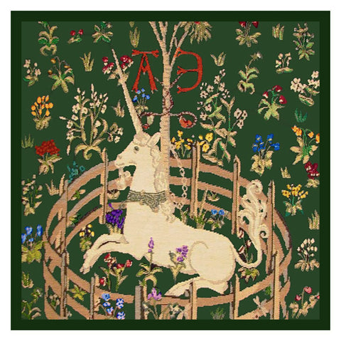 Detail of Unicorn in Captivity Green Background from The Hunt for the Unicorn Tapestries Counted Cross Stitch Pattern DIGITAL DOWNLOAD