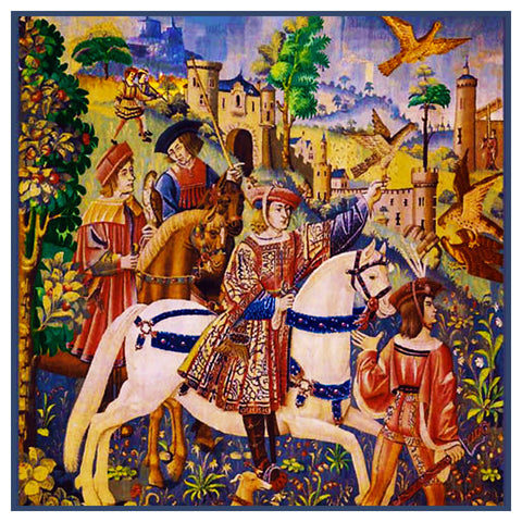 Falcon Hunting on Horseback Detail From Medieval Tapestry Counted Cross Stitch Pattern