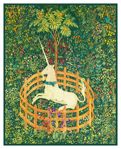 The Unicorn in Captivity Green Background from The Hunt for the Unicorn Tapestries Counted Cross Stitch Pattern DIGITAL DOWNLOAD