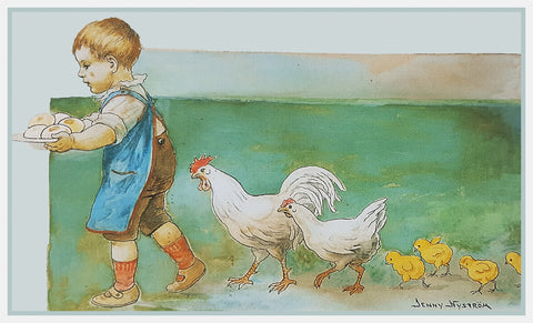 Boy Collecting Eggs Chickens by Swedish Artist Jenny Nystrom Counted Cross Stitch Pattern