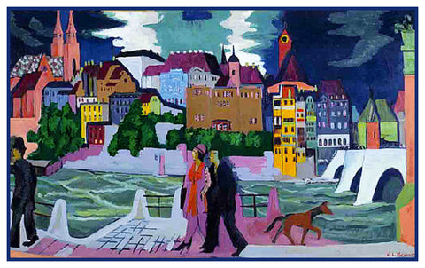View of Basil and The Rhine River by Ernst Ludwig Kirchner Counted Cross Stitch Pattern