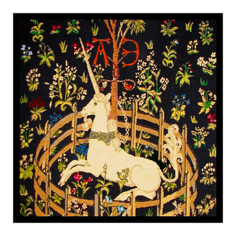Unicorn in Captivity Black Background from The Hunt for the Unicorn Tapestries Counted Cross Stitch Pattern