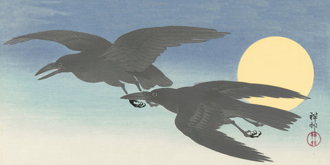 Japanese Artist Ohara (Koson) Shoson's Crows in Flight Counted Cross Stitch Pattern
