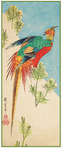 Japanese Hiroshige Pheasant on Pine Tree Snow Asian Counted Cross Stitch Pattern
