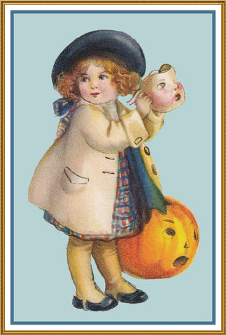 Little Girl Mask and Pumpkin Halloween Counted Cross Stitch Pattern