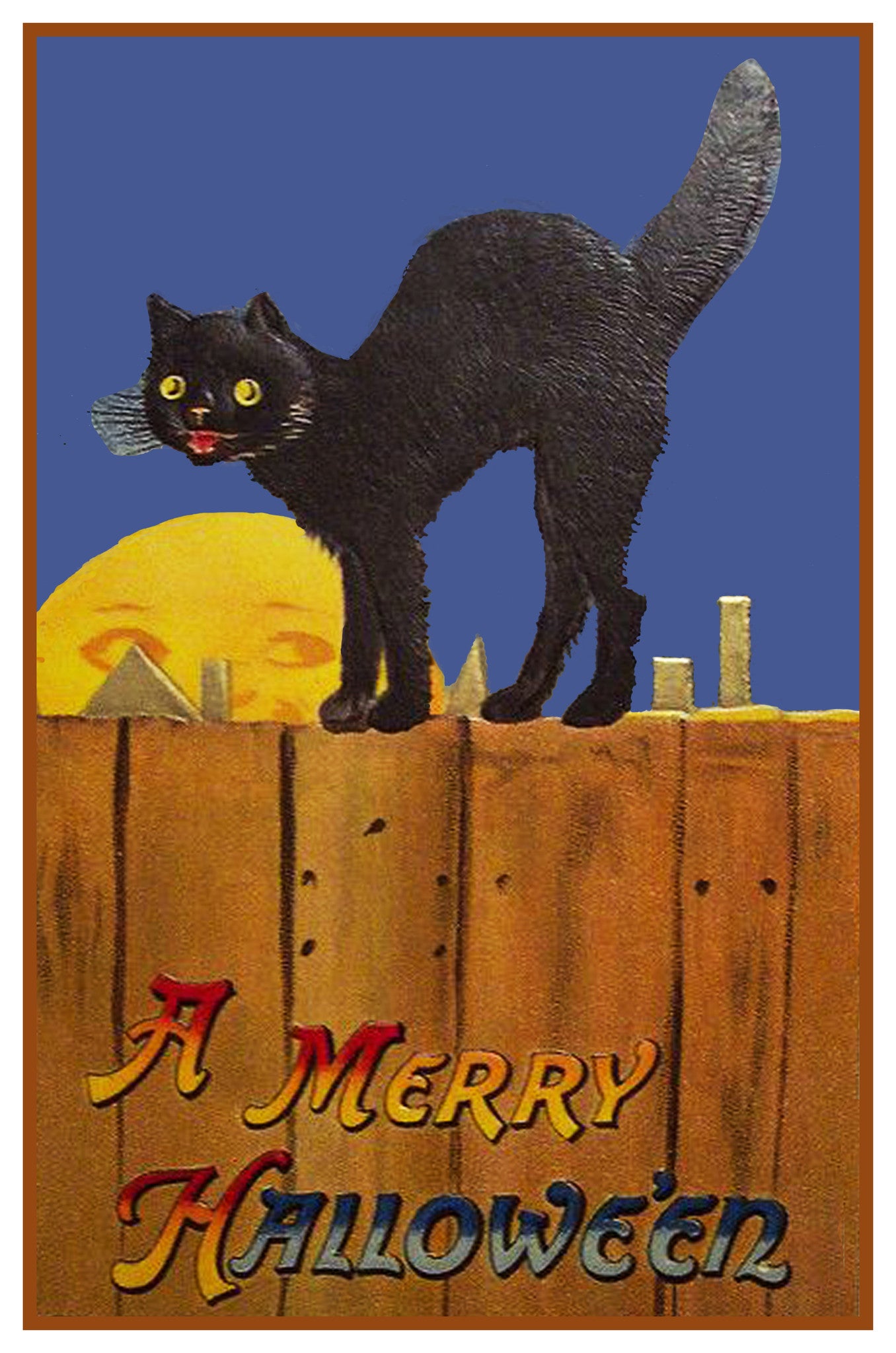 Black Cat on a Fence Full Moon Halloween Counted Cross Stitch