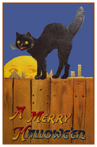 Black Cat on a Fence Full Moon Halloween Counted Cross Stitch Pattern