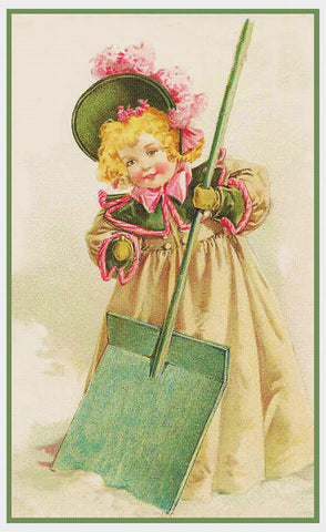 Young Girl Shoveling Snow by Maud Humphrey Bogart Counted Cross Stitch Pattern