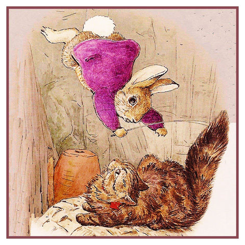 Ben Rabbit Lands on a Cat Inspired by Beatrix Potter Counted Cross Stitch Pattern