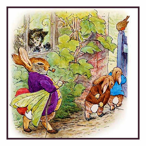 Mr Rabbit Marches Peter and Benjamin Out of Garden inspired by Beatrix Potter Counted Cross Stitch Pattern