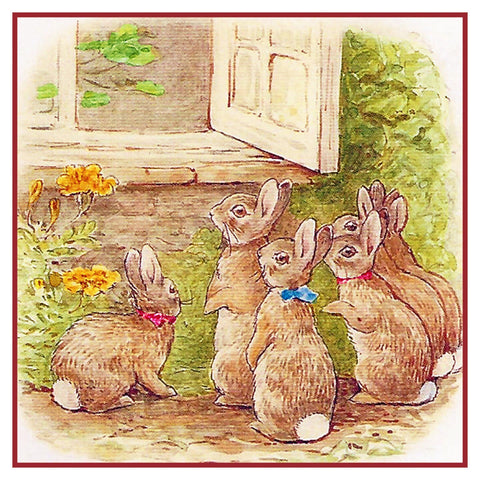 Peter Rabbit Family At Farmhouse Door inspired by Beatrix Potter Counted Cross Stitch Pattern