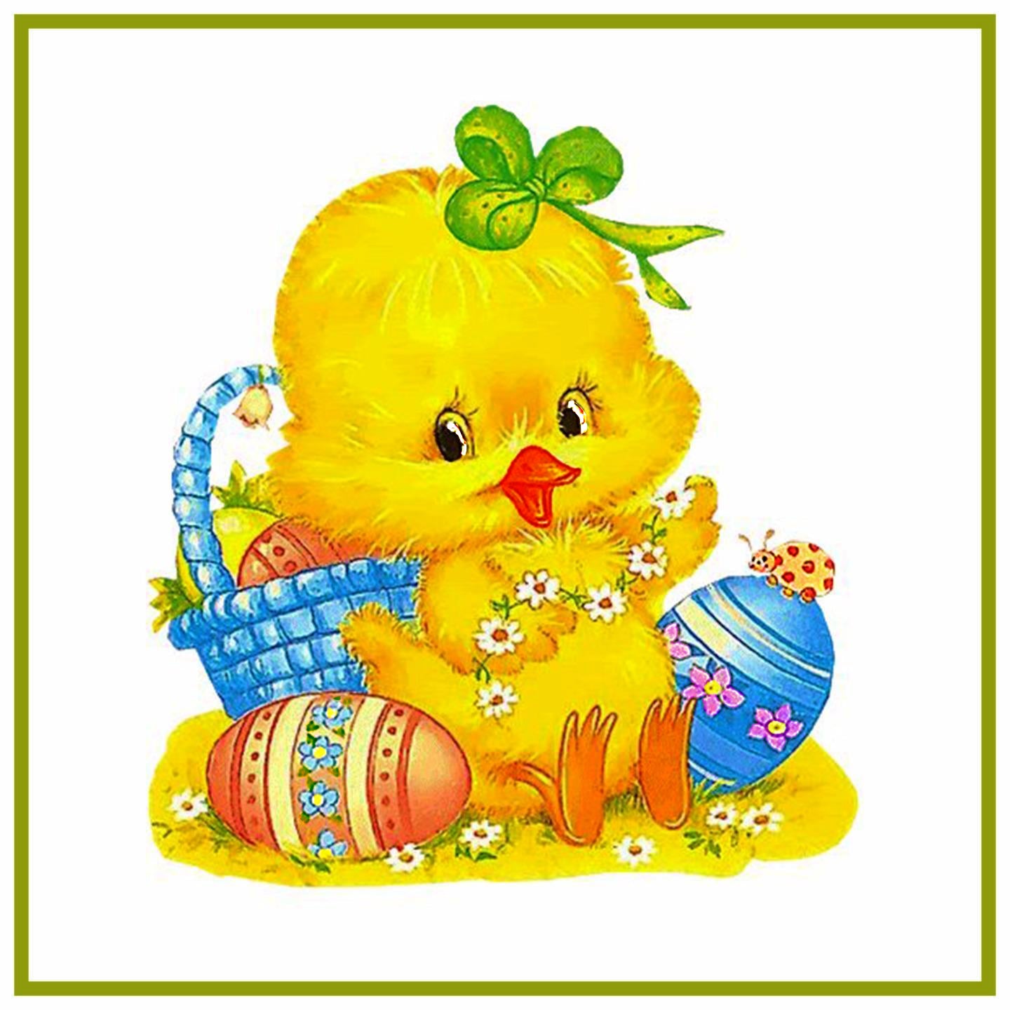 Contemporary Baby Chick Green Bow and Decorated Easter Eggs Counted Cr | Orenco Originals LLC contemporary-baby-chick-green-bow-and-decorated-easter-eggs-counted-cr-orenco-originals-llc