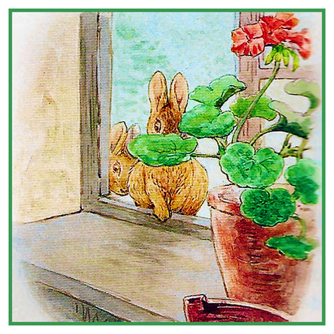 Peter Rabbit Goes in Window inspired by Beatrix Potter Counted Cross Stitch Pattern DIGITAL DOWNLOAD