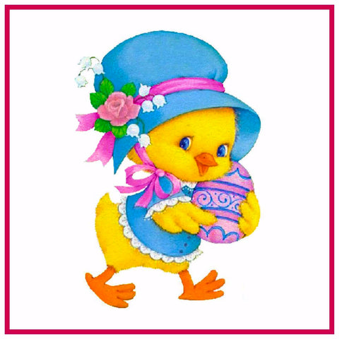 Contemporary Baby Duck with Blue Hat and Decorated Easter Egg Counted Cross Stitch Pattern