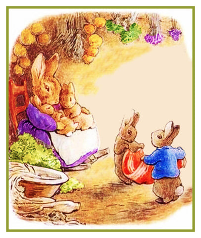 Rabbit Family Gets Ready for Bed inspired by Beatrix Potter Counted Cross Stitch Pattern