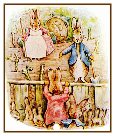 Peter Rabbit's Family Work in Garden inspired by Beatrix Potter Counted Cross Stitch Pattern