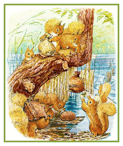 Squirrel Nutkin Friends Work Nuts inspired by Beatrix Potter Counted Cross Stitch Pattern